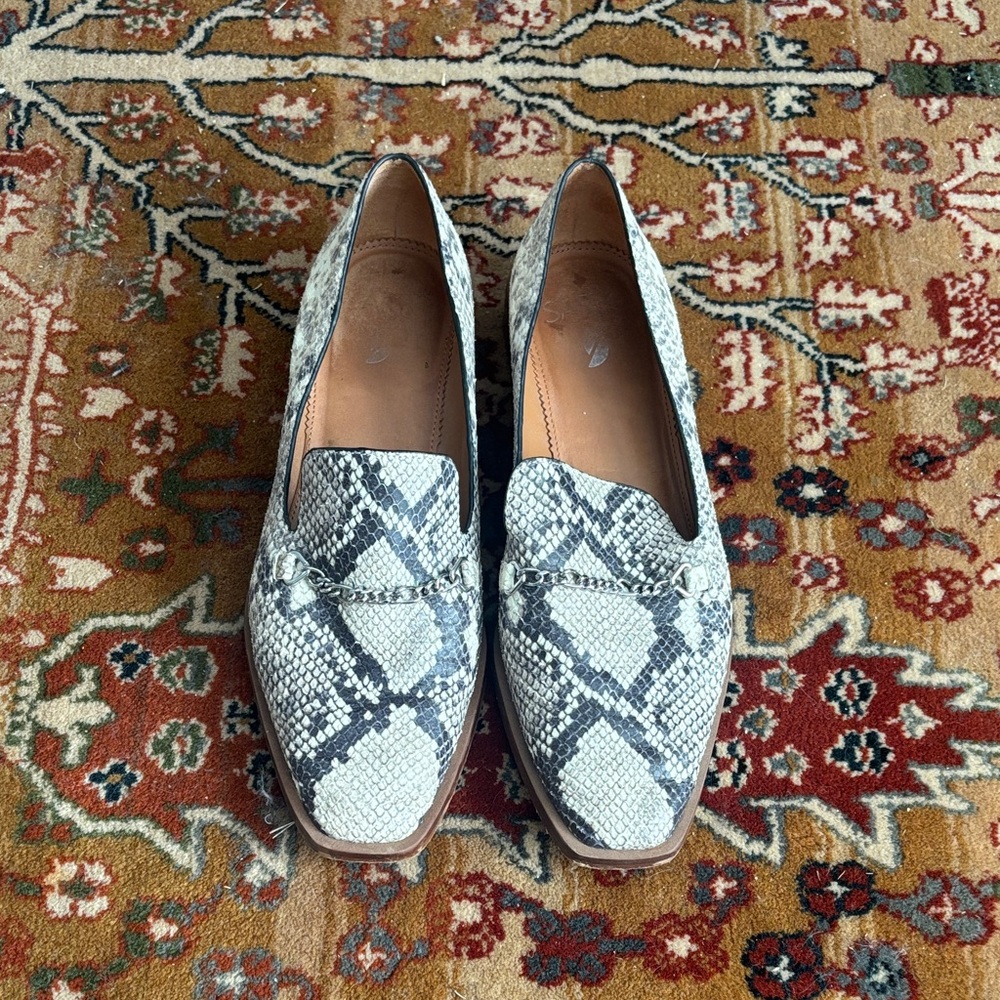 Franco Sarto Black and White Snakeskin Loafers Size 7.5